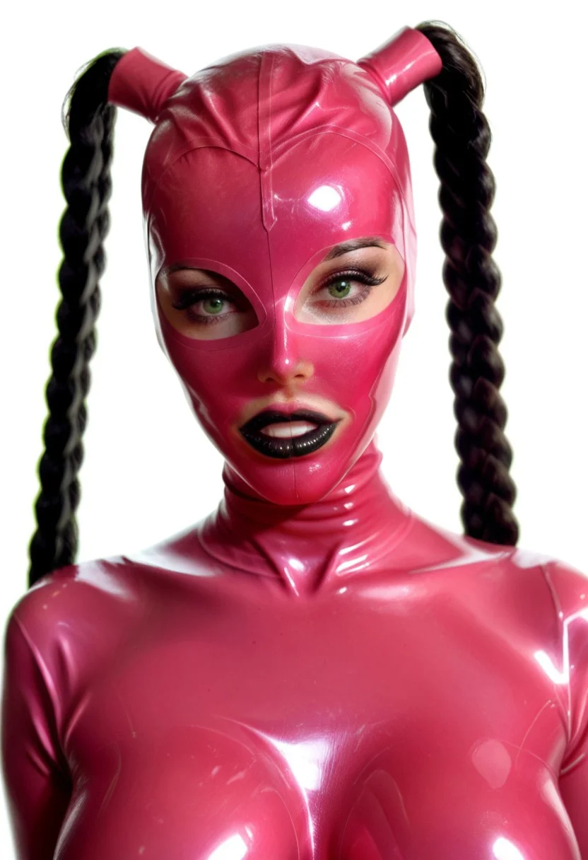 score_9, score_8_up, score_7_up, photo, photoshoot, portrait, close up, looking at viewer, 1girl, fit, mature woman, lean toned, (pink latex mask, pink latex catsuit, black lipstick:1.2), black braided pigtails, green eyes, seductive lips, (thick full lips, pouty lips, lips parted:1.0), visible teeth, glossy lips, long eyelashes, black eyeliner, black eyeshadow, soft contrast, soft shadows, large breasts,  seductive expression, white background