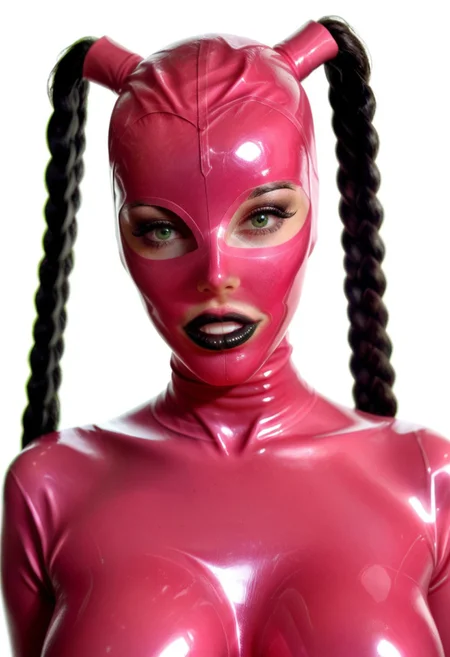 score_9, score_8_up, score_7_up, photo, photoshoot, portrait, close up, looking at viewer, 1girl, fit, mature woman, lean toned, (pink latex mask, pink latex catsuit, black lipstick:1.2), black braided pigtails, green eyes, seductive lips, (thick full lips, pouty lips, lips parted:1.0), visible teeth, glossy lips, long eyelashes, black eyeliner, black eyeshadow, soft contrast, soft shadows, large breasts, seductive expression, white background