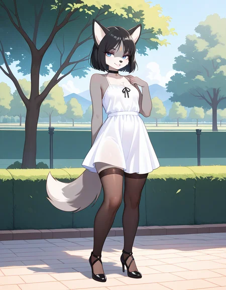 masterpiece, best quality, very aesthetic, absurdres,
outdoors, park, sundress, thighhighs, high heels, 
full body, standing, posing, 
 seductive smile, parted lips, long eyelashes,
<lora:Iris_v01_NAIXL:1>
1r15,1girl,solo,furry,furry female,animal ears,black hair,short hair,black hair,blue eyes,animl nose,snout,black choker,body fur,grey fur,