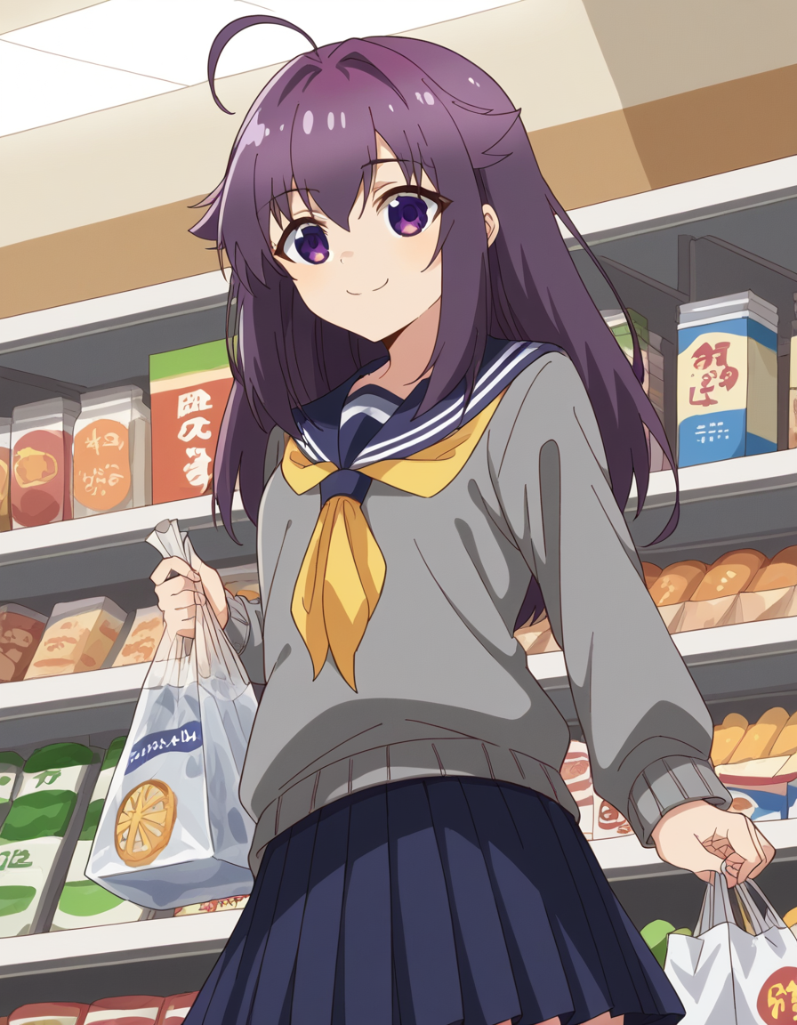 score_9, score_8_up, score_7_up, source_anime, <lora:anko-koshi-s1-ponyxl-lora-nochekaiser:1>, anko koshi, long hair, bangs, purple eyes, purple hair, ahoge, hair flaps,, skirt, long sleeves, school uniform, pleated skirt, serafuku, sailor collar, sweater, blue skirt, neckerchief, yellow neckerchief, grey sweater, grocery store, cashier, shopping bag, scanning items, small talk, everyday routine, smile, , undefined, solo,, cowboy shot, dutch angle