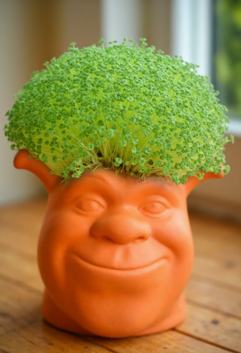 <lora:Chia_Pet_Planter_FLUX-000013:1>
Photograph of a terracotta pot designed to resemble Shrek's face. The pot has vibrant green sprouts growing out of it, resembling a lush, green hairstyle.