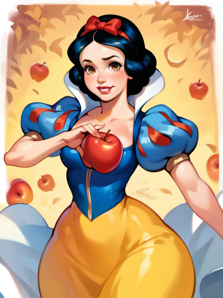 score_9, score_8_up, score_7_up, score_6_up, cute girl, puffy sleeves, dress, yellow skirt, corset, curvy, medium breasts, narrow waist, wide hips, thick thighs, looking at viewer, dynamic angle, cowboy shot, cartoon, dynamic pose, from above, sfw, holding an apple,
 <lora:SnowWhiteXLP_character:1>SnowWhiteXLP