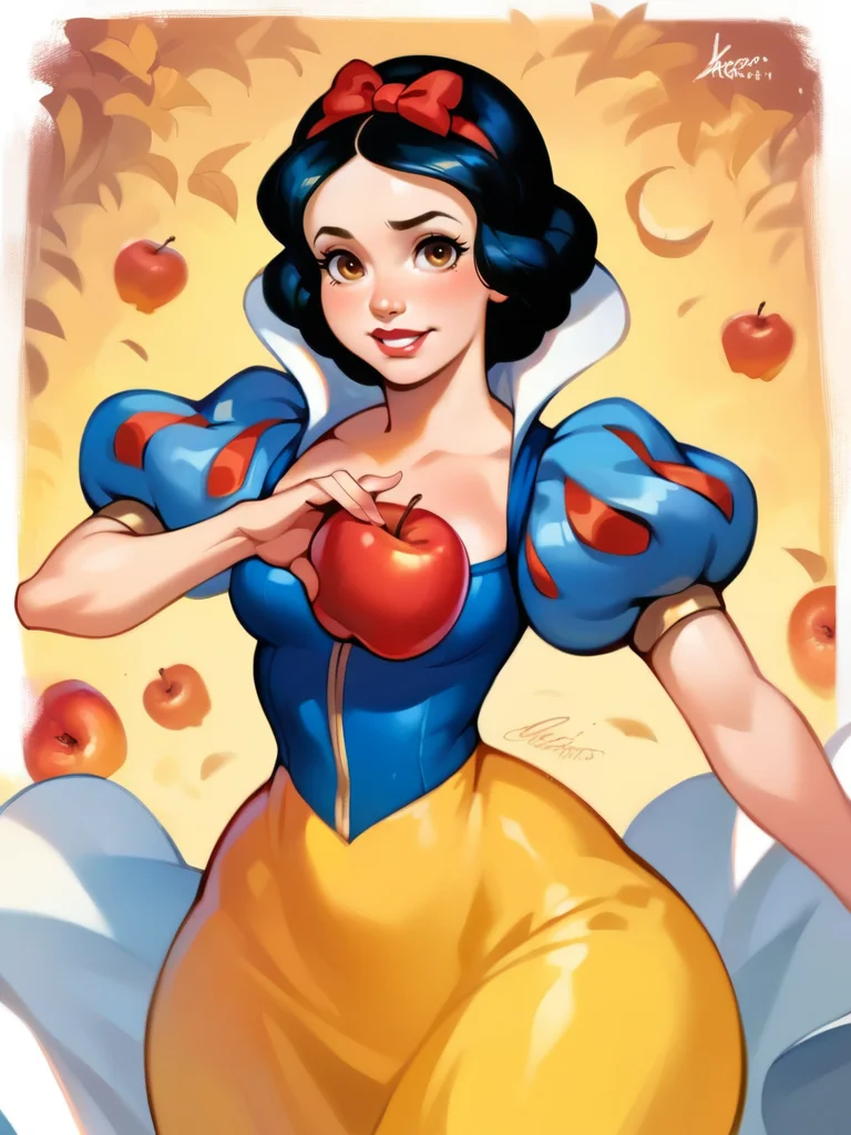 score_9, score_8_up, score_7_up, score_6_up, cute girl, puffy sleeves, dress, yellow skirt, corset, curvy, medium breasts, narrow waist, wide hips, thick thighs, looking at viewer, dynamic angle, cowboy shot, cartoon, dynamic pose, from above, sfw, holding an apple,
<lora:SnowWhiteXLP_character:1>SnowWhiteXLP