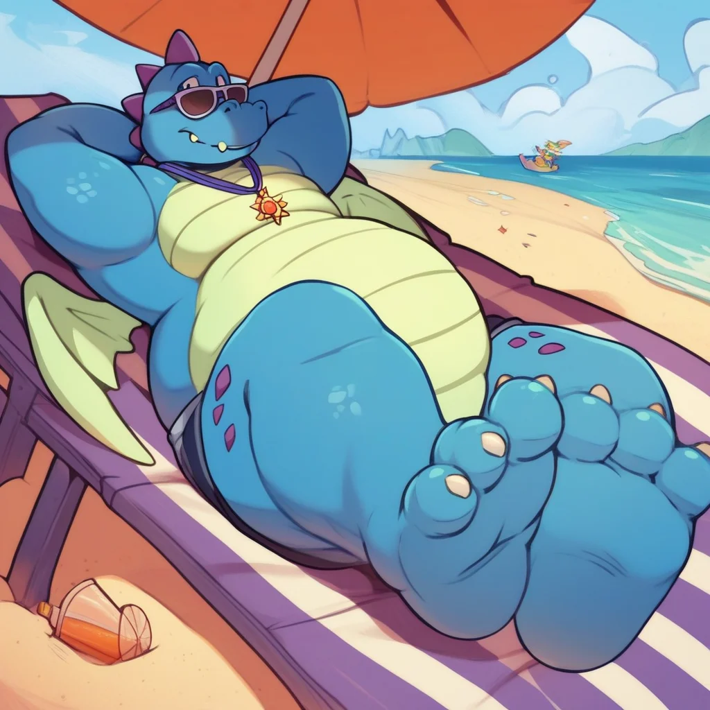 score_9, score_8_up, score_7_up, score_6_up, score_5_up, score_4_up, ord, dragon, blue skin, light green wings, light green belly, chubby, fat, furry, purple spikes, necklace, outside, beach background, beach scenery, water, relaxing, laying down, looking at viewer, sunglasses, barefoot,