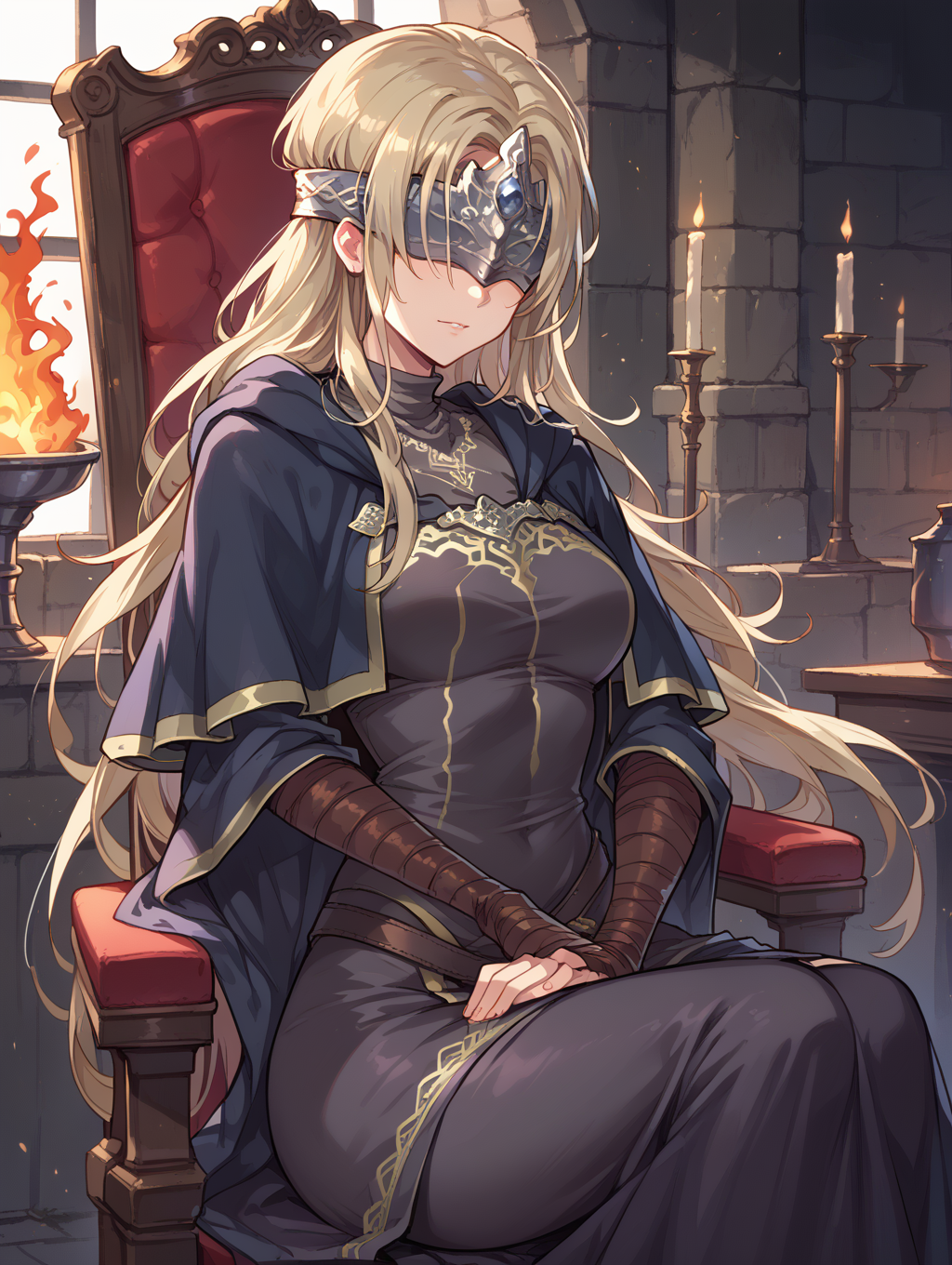 score_9, score_8_up, score_7_up,source_anime,BREAK,
Fire_keeper, blindfold, sitting, on chair, 
<lora:Fire_keeper:1>