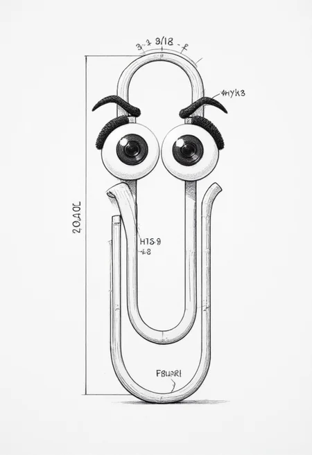 a technical drawing of clippy with big eyes
