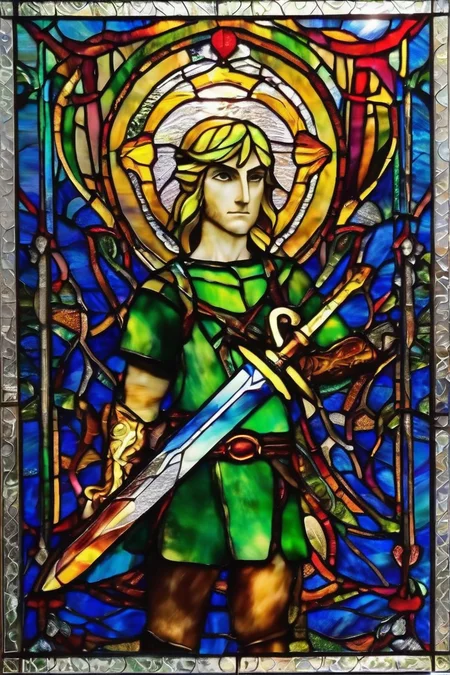 link ,  sword, vibrant colors,<lora:stained_glass_style_v1_sdxl:1>