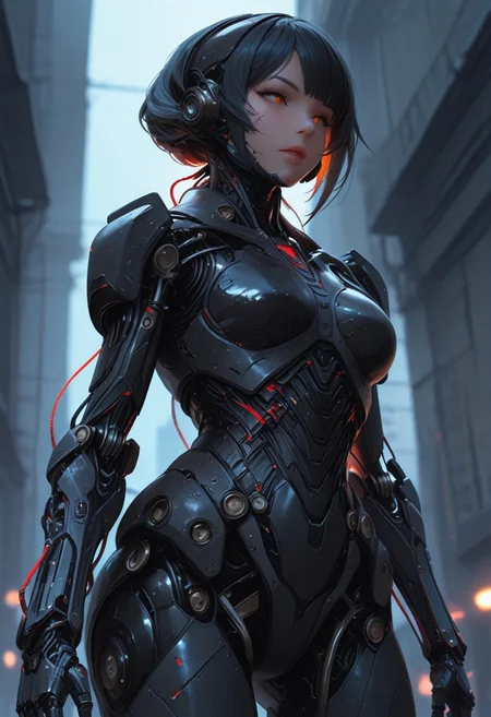 ultra realistic, masterpiece, high detailed skin, best quality, high res, very aesthetic, anime style, studio anime, source_ecchi, anime, (finely detailed face), (petite body:1.3), anime, manga, inksketch, studio anime, faceless android. Significant cybernetic augmentation into neck and spine, and a powerful, segmented white-plated robotic arm and hand revealing underlying red wiring/components. the android wears a simple black tank top, revealing toned musculature alongside the cybernetics. The lighting is dramatic and high-contrast, with a bright backlight illuminating parts of her form and casting deep shadows, set against a blurry, cool-toned cityscape. Focus on functional combat cybernetics, intense focus, and gritty bio-mechanical integration, creating a peaceful and tranquil atmosphere. alluring and erotic atmosphere. dramatic scenery, intricate details, (blurry background, depth of field:1.1), foreshortening, erotic and aesthetic, lascivious pose, dynamic dutch angle, bright colors, stunningly artwork, cowboy shot, mcnm