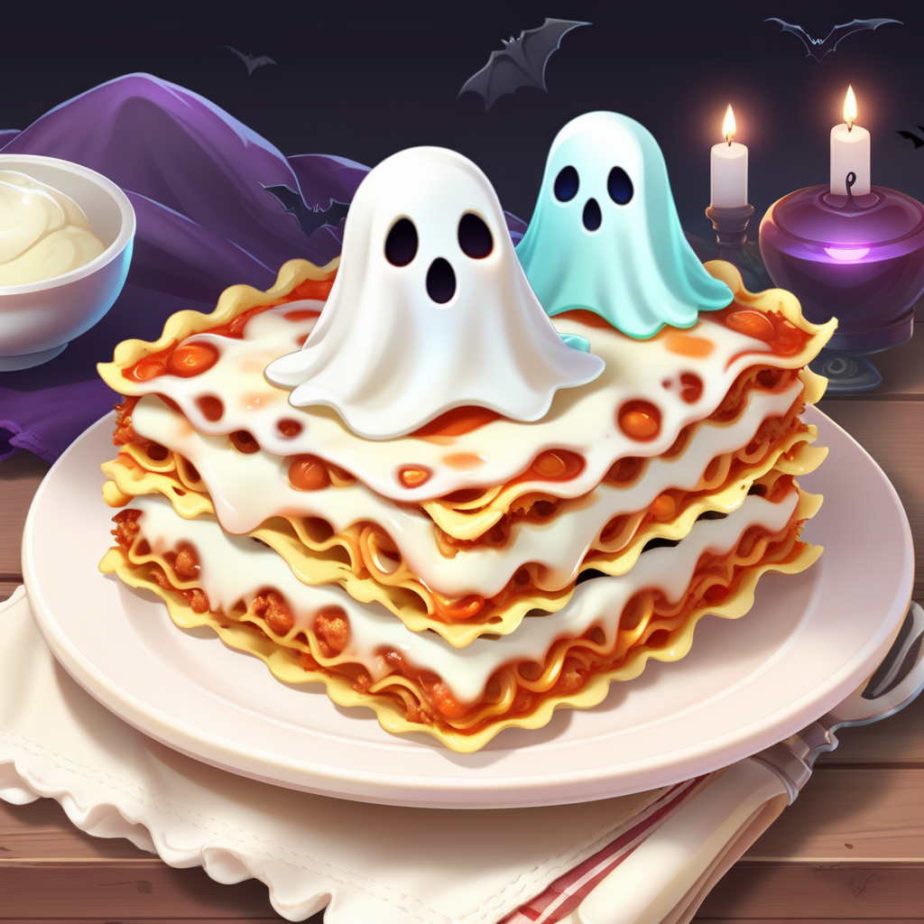 <lora:FoodIconsNew:0.7> fooico, spooky ghost themed lasagna, game icon, professional, high quality, super cute, kawaii, 8k, adorable