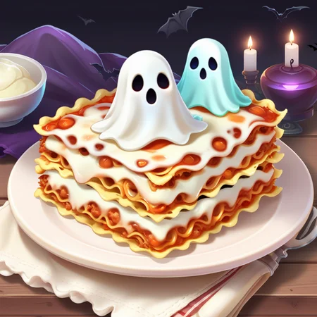 <lora:FoodIconsNew:0.7> fooico, spooky ghost themed lasagna, game icon, professional, high quality, super cute, kawaii, 8k, adorable