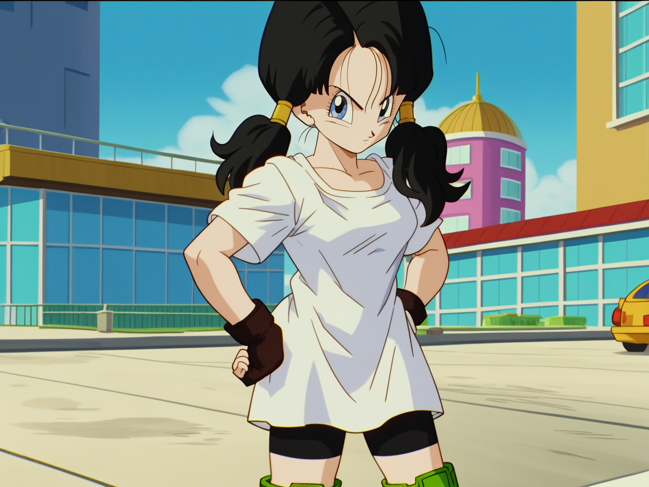 Videl, 1girl, pigtails, white shirt, bike shorts  black hair, fingerless gloves, green boots, <lora:Videl-prodigy-7:0.9>,   score_9, score_8, score_8, anime screencap, solo, looking at viewer, shadows, city, close up, clenched hand,  standing, hands on own hip