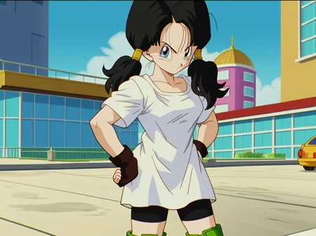 Videl, 1girl, pigtails, white shirt, bike shorts black hair, fingerless gloves, green boots, <lora:Videl-prodigy-7:0.9>, score_9, score_8, score_8, anime screencap, solo, looking at viewer, shadows, city, close up, clenched hand, standing, hands on own hip