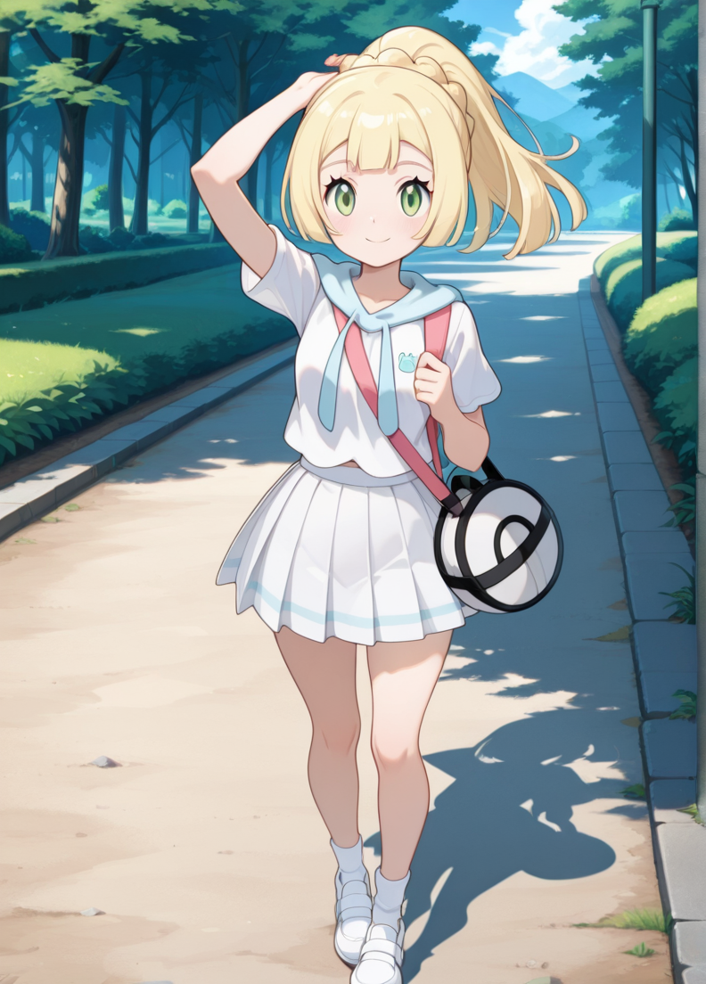 masterpiece, best quality, amazing quality, very aesthetic, absurdres, newest, detailed background, cowboy shot, outdoors, looking at viewer, official style, 
lilliexd, 1girl, solo, blonde hair, skirt, green eyes, bag, short sleeves, shirt, smile, white shirt, white skirt, pleated skirt, full body, closed mouth, long hair, white footwear, shoes, ponytail, standing, socks, braid, bangs, arm up,
 <lora:Lillie_-_Pokemon_Illustrious:1>