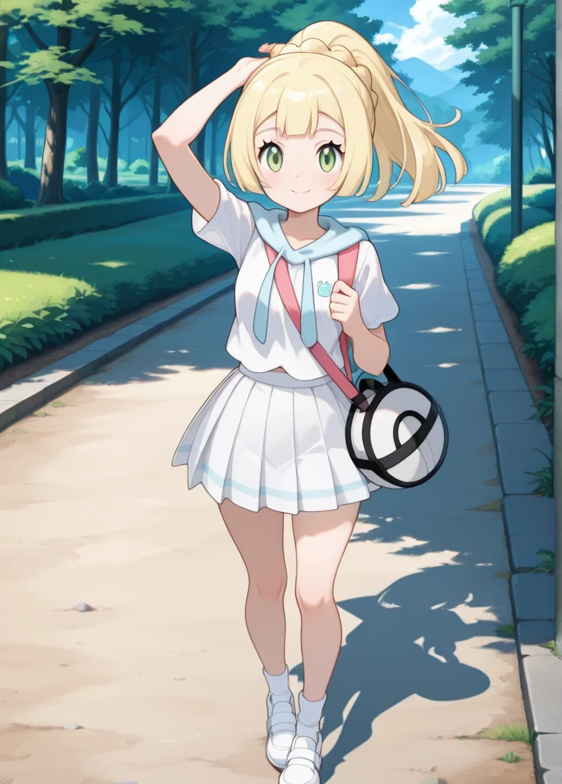 masterpiece, best quality, amazing quality, very aesthetic, absurdres, newest, detailed background, cowboy shot, outdoors, looking at viewer, official style,
lilliexd, 1girl, solo, blonde hair, skirt, green eyes, bag, short sleeves, shirt, smile, white shirt, white skirt, pleated skirt, full body, closed mouth, long hair, white footwear, shoes, ponytail, standing, socks, braid, bangs, arm up,
<lora:Lillie_-_Pokemon_Illustrious:1>