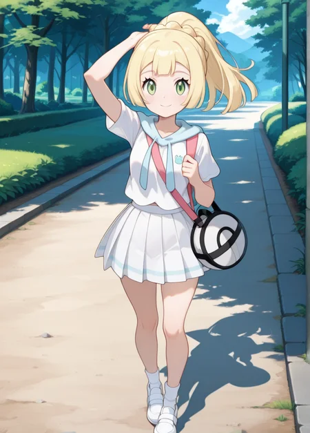 masterpiece, best quality, amazing quality, very aesthetic, absurdres, newest, detailed background, cowboy shot, outdoors, looking at viewer, official style,
lilliexd, 1girl, solo, blonde hair, skirt, green eyes, bag, short sleeves, shirt, smile, white shirt, white skirt, pleated skirt, full body, closed mouth, long hair, white footwear, shoes, ponytail, standing, socks, braid, bangs, arm up,
<lora:Lillie_-_Pokemon_Illustrious:1>