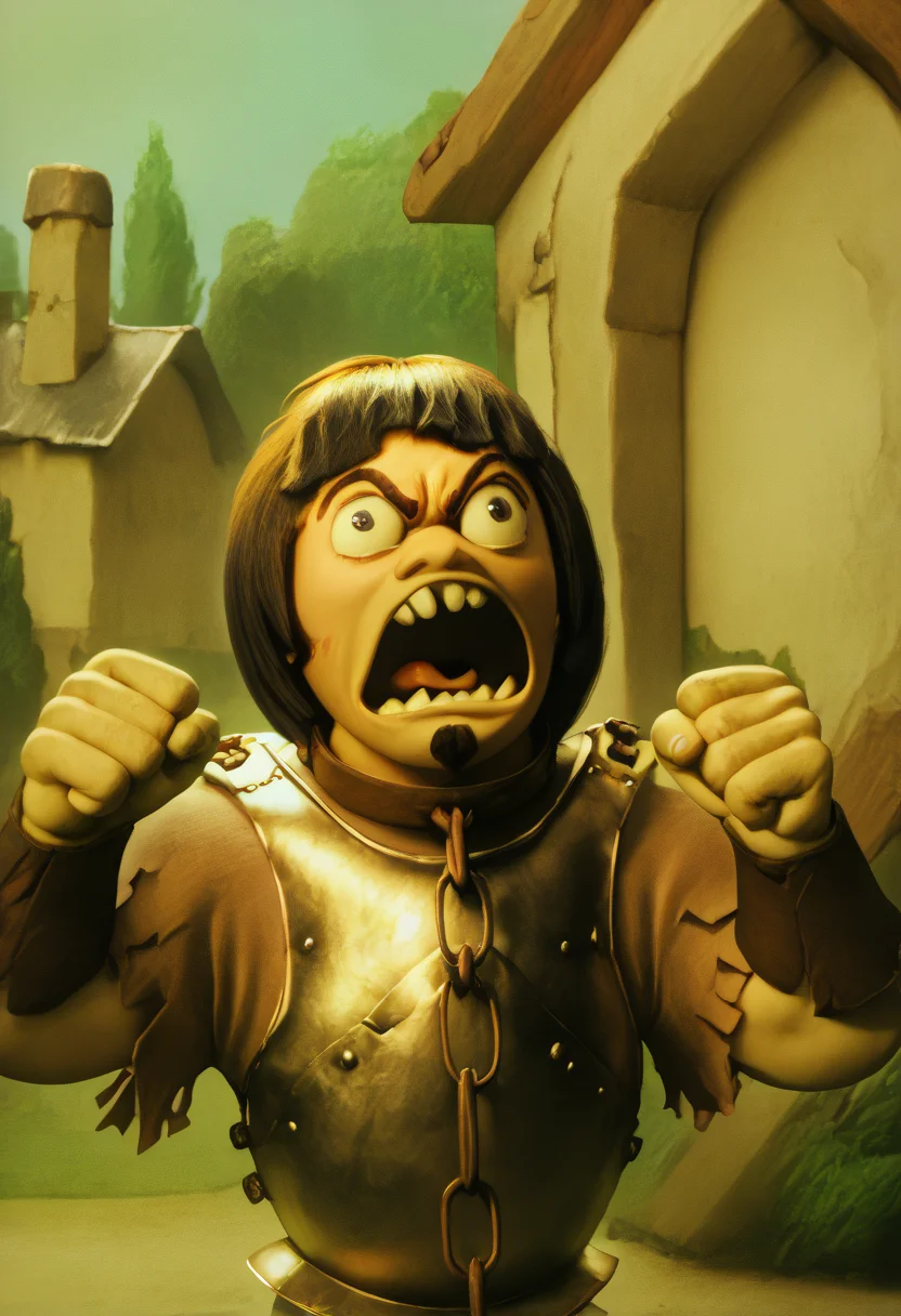 1727C6CDDF61 BREAK score_9, score_8_up, portrait, detailed, realistic, fist, fists, clenched hands, 1boy, solo, HuiBuh, bob cut, blunt bangs, dark brown hair, goatee, metal collar, armor, chain, breastplate, open mouth, shouting, rage, angry, outdoors, castle <lora:hui_buh:1.4> <lora:rage_r1>