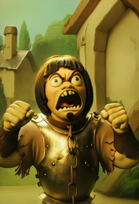 1727C6CDDF61 BREAK score_9, score_8_up, portrait, detailed, realistic, fist, fists, clenched hands, 1boy, solo, HuiBuh, bob cut, blunt bangs, dark brown hair, goatee, metal collar, armor, chain, breastplate, open mouth, shouting, rage, angry, outdoors, castle <lora:hui_buh:1.4> <lora:rage_r1>