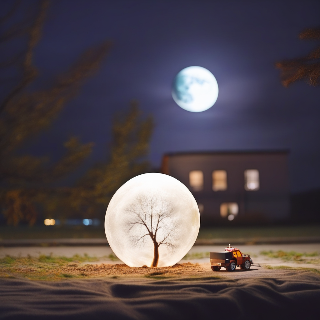 lighting bulb, ground vehicle, blurry, building, branch, bed, moon, pillow
