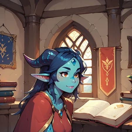 score_9, score_8_up, score_7_up, dragon woman, blue skin, dragon woman, medium breasts, mage robes, adventurer, face focus, dragon wings, close up, indoors, castle interior, banner, window, magic, book, mage <lora:blue_dragon_lady_06:0.8>
