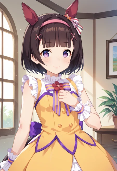 score_9,score_8_up,score_7_up,masterpiece,best quality,absurdres,source_anime,rating_explicit,game cg,zPDXL3 BREAK 1girl,solo,<lora:Nishino_Flower_v1.3_Cibitai:0.8>,UMANF,horse ears,blunt bangs,short hair,brown hair,purple eyes,horse tail,R4CE,hairclip,hairband,ear ornament,light smile,light_blush,