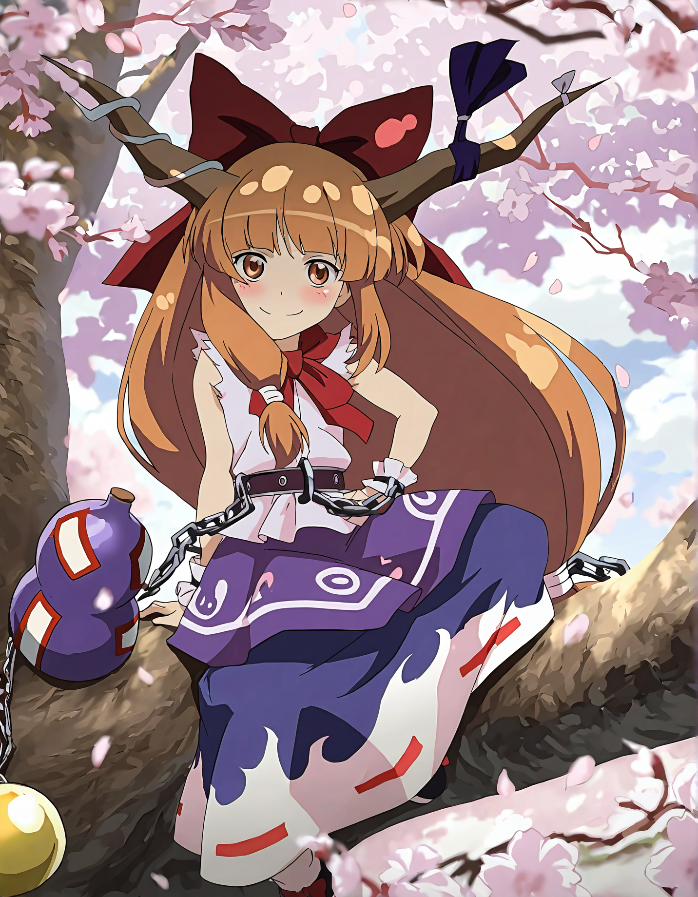 memoriesofphantasm, 1girl, ibuki suika, solo, horns, long hair, cherry blossoms, chain, sensitive, bow, tree, smile, gourd, hair bow, ribbon, in tree, orange hair, blush, brown eyes, sitting, sleeveless, wrist cuffs, brown hair, shirt, sleeveless shirt, looking at viewer, skirt, sitting in tree, horn ornament, belt, dappled sunlight
very awa, masterpiece, best quality, year 2024, newest, highres, absurdres, <lora:memories-of-phantasm-style-noobai-vpred10-logit:1>