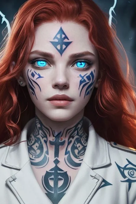 bright red hair, human female, (feminine:1.7), (beautiful face, detailed face:1.6), (beautiful eyes, detailed eyes:1.7), (looking at viewer, eye contact, intense:1.6), (long hair, red hair, curly hair:1.3), , ((masterpiece, best quality, high resolution, realistic, best quality,)), photo realistic, Perfect Face, (detailed face). <lora:GoodHands-vanilla:0.6> <lora:add-detail-xl:0.8>, mage, (Dress White military uniform coat), dagger, rune dagger, glowing runes, , (((glowing magic symbols tattoos, religious tattoos))), ((face tattoos)), glowing tattoos, stone tower in the background
