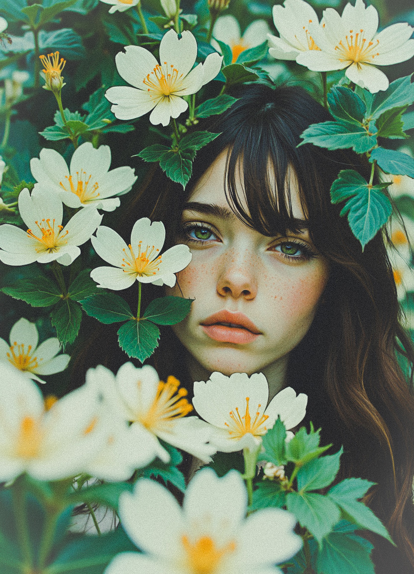 Mysticism. The concept. Surrealism. An allegory. A complex, multidimensional. Nobody believes it, Miracle of miracles: A girl behind the flowers.   He goes to the winter forest. It is not in the greenery, Like in the July heat, He's snow-whitewashed, It shines white..   impressive lighting, analog photography, cinematography, unimaginable quality, 8K, UHD, (Depth of field), Fujica GW690 camera, medium 20mm film. Kodak Portra 400 analog film stocks, aidmaimageupgrader,
