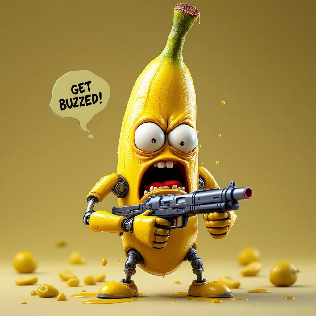Hyperrealism, hyper realistic, 3D, blender style, a banana with robotic arms and legs holding a lazer gun while saying in a scream bubble while laughing like crazy: "GET BUZZED!", big realistic eyes, pickle juice dripping all around, very angry, baggy eyes, reddish eyes, screaming, spiting while screaming, extremely expressive,
