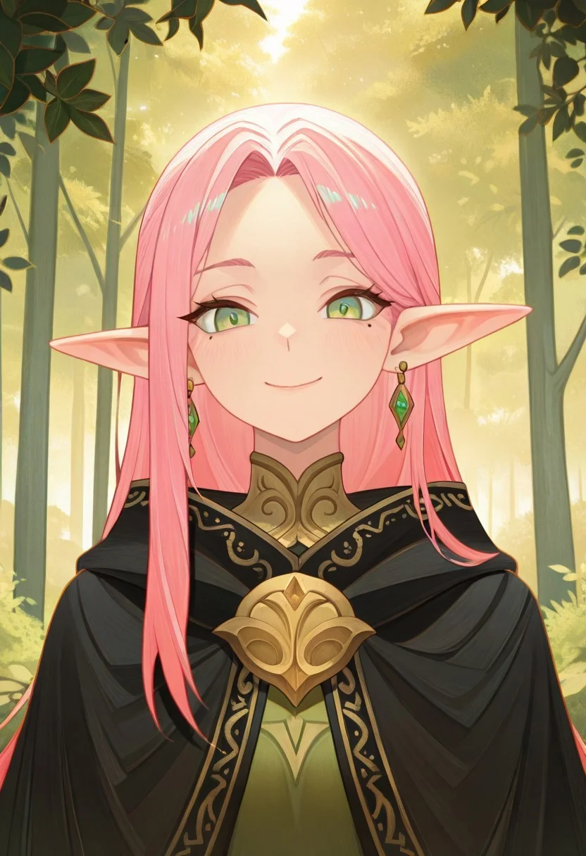 masterpiece, best quality, amazing quality,,<lora:afkArenaIllustrious:1>
afkarenastyle,
1girl, female elf, solo, portrait, female focus, pink hair, green eyes, slim, long hair, light skin, smile, looking at viewer, outdoors, beautiful, black cloak with gold trimming, earrings, green trees