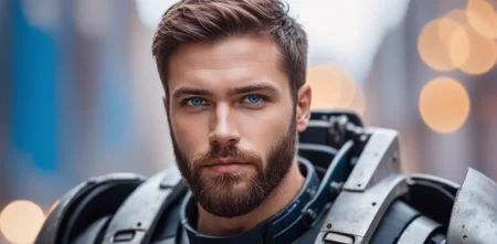 Portrait photo of muscular bearded guy in a worn mech suit, ((light bokeh)), intricate, (steel metal [rust]), elegant, sharp focus, photo by greg rutkowski, soft lighting, vibrant colors, (masterpiece), ((streets)), (detailed face:1.2), (glowing blue eyes:1.1)
<lora:JuggerCineXL2:1.0>