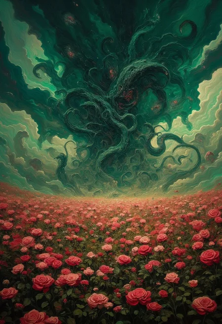 A field of roses stretching all the way to the horizon. At the end in the distance is a collosal eldritch tentacle being emerging from dark green clouds. Tentacles stretching out across the land.DB4RZ, DB4RZ style painting