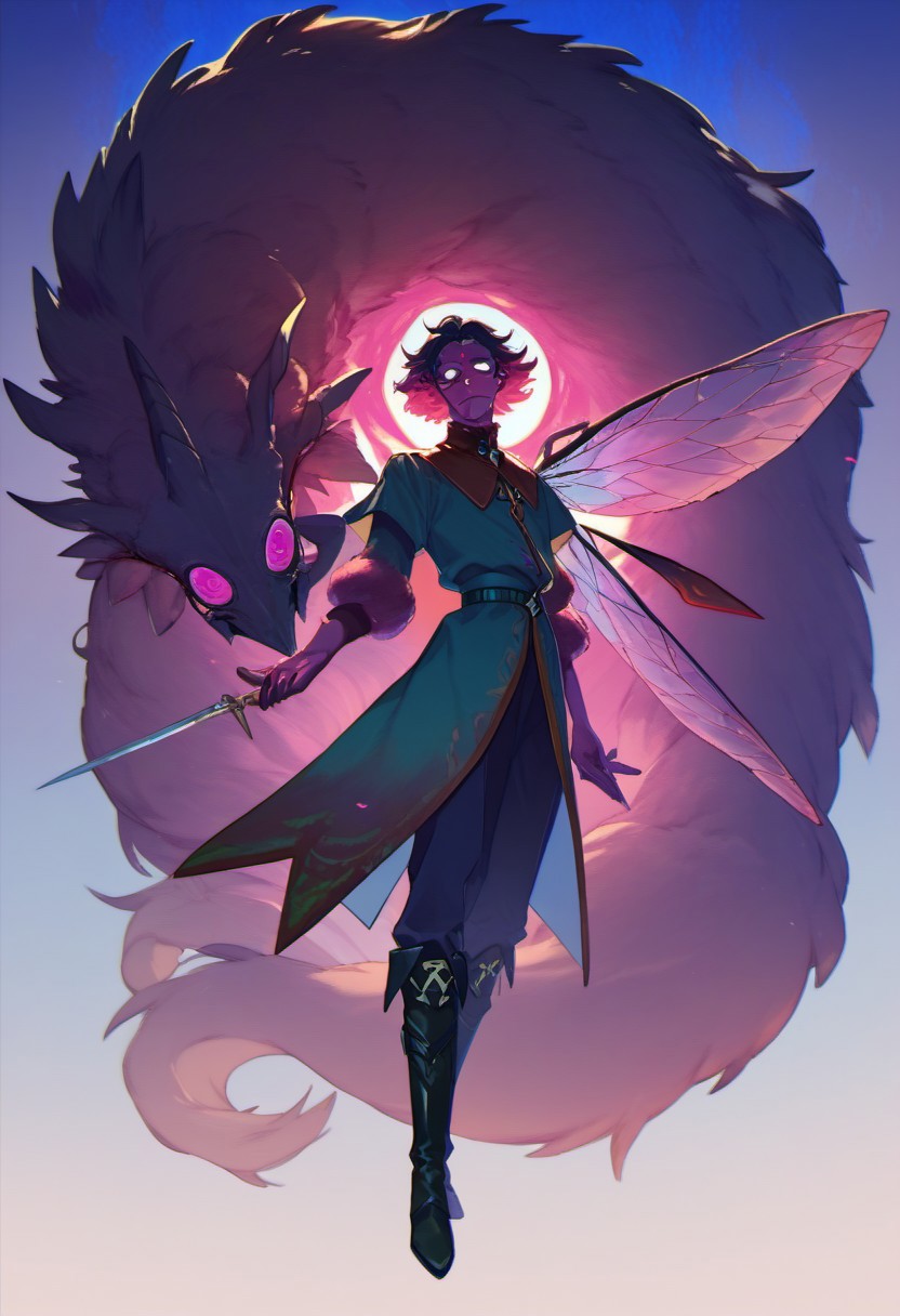 score_9, score_8_up, score_7_up, score_6_up,  faerie rogue, dagger strike, beautiful, dark bold line work, occult singles and runes, heavy black boots, highly detailed face, insect wings, fluffy fur, monster, perfect eyes looking at viewer, colored skin, cyan and purple