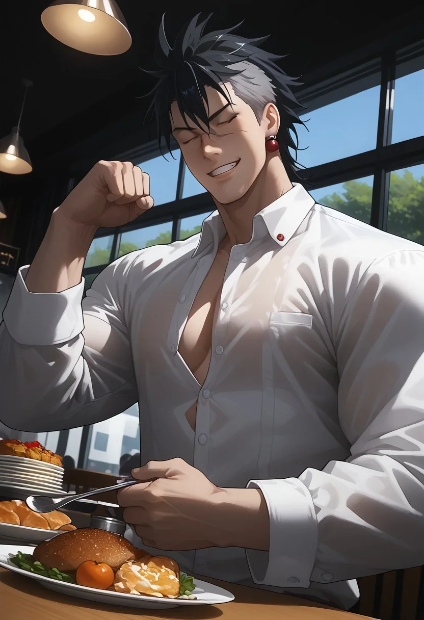 score_9, score_8_up, score_7_up, source_anime, rating_explicit, table, flexing, SaitoSNS, red Saito earrings, (black-grey Saito hair), closed Saito eyes, Saito scar, 1boy, male focus, grin, buttons, long sleeves, chef uniform, covered biceps, blurry indoor restaurant, food on plates, (hands with five fingers), dutch angle, dark theme, low light, Expressiveh,