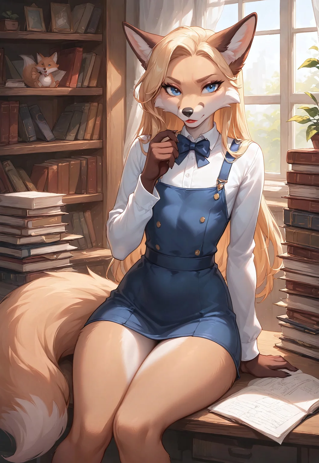 masterpiece, score_9_up, score_8_up, score_7_up, score_6_up, source_furry, (best quality:1.1), ultra-detailed, high resolution, highly detailed macro illustration, solo BREAK 1boy, girly, anthro fox, femboy, (beautiful blue eyes), Long eyelashes, Blonde long hair, black nose, red lipstick, slim, fox tail, thick thighs, (serious expression, serious face:1.1) BREAK wearing formal clothes, sitting at desk, typing on laptop, surrounded by books and papers, cozy study room, (stuffed fox on the shelf) BREAK sharp focus, perfect lighting, anatomically correct, extremely detailed, serene, Highly Visible, sharp focus, perfect lighting, anatomically correct, extremely detailed, high detail, Expressiveh, OverallDetail, zPDXL3