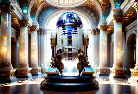 (masterpiece, detailed, 8k, hd, ultra detailed, ultra beautiful, highly detailed, ultimate perfection, super resolution, futuristic detail, star wars, triumphant, fantastic, amazing, dynamic) RAW photograph of a white opalescent R2D2 on a plinth amid a vast ornate museum filled with hundreds of heroic greek sculptures in a cavernous enormous museum, lens flare, god rays of light piercing dusty atmosphere, featured image, glittering opulence, magnificent and ponderous scale, unrivaled excellence, ral-opal:1.5, volumetric lighting, splendor, opulent, greco-roman, aesthetic, orbs, mist, dry ice, vaporwave, neon, HDR, fujifilm
