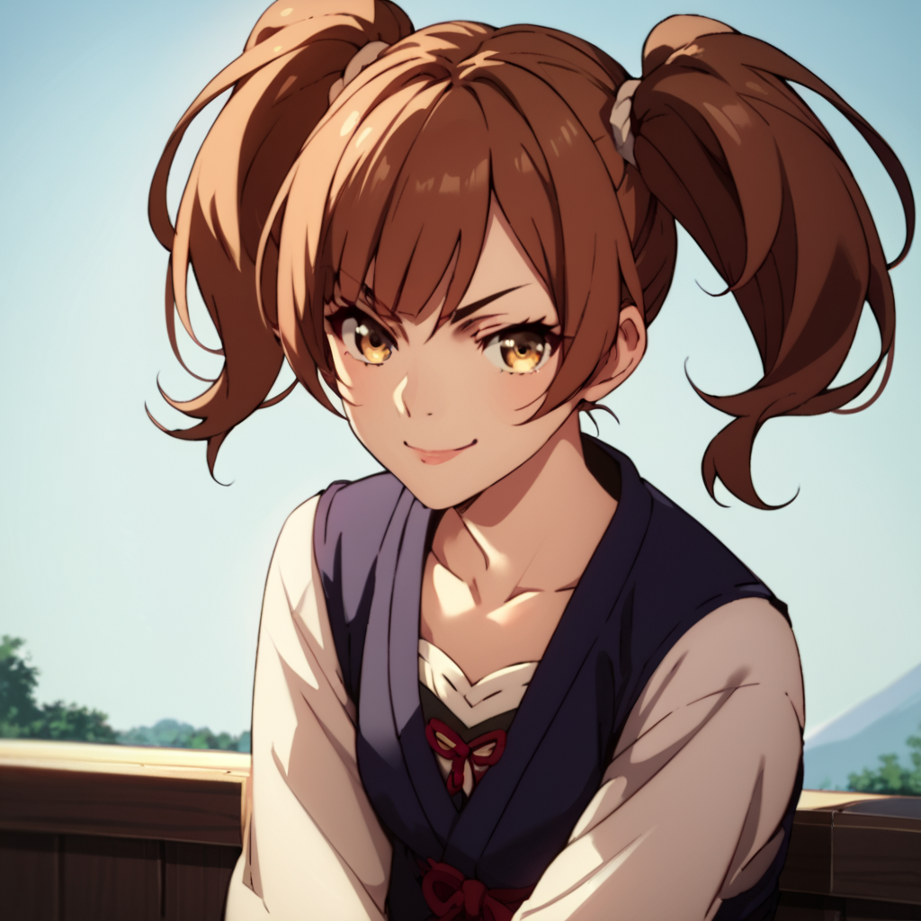 score_9, score_8_up, score_7_up, score_6_up, score_5_up, score_4_up, source_anime,  Kazuki, brown hair, twintails, , smirk, sitting, portrait
