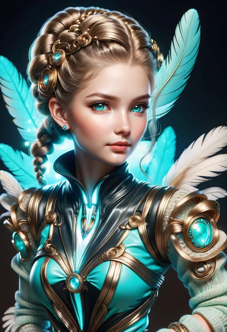 hyper detailed masterpiece, dynamic, awesome quality, DonMSt33lM4g1cXL female young adult, solid, scandinavian, light brown eyes, defined cheeks, oblong face shape, shapely hamstrings, , aqua dutch braid hair, happiness wearing bronzete ruffled wrap-style pants, ribbed sweater, heels, feather fascinator with netting, , hands on cheeks, displaying surprise, nursing homes, cob, luminescent deep-sea creatures, black lights <lora:DonMSt33lM4g1cXL-v1.1-000008:1>