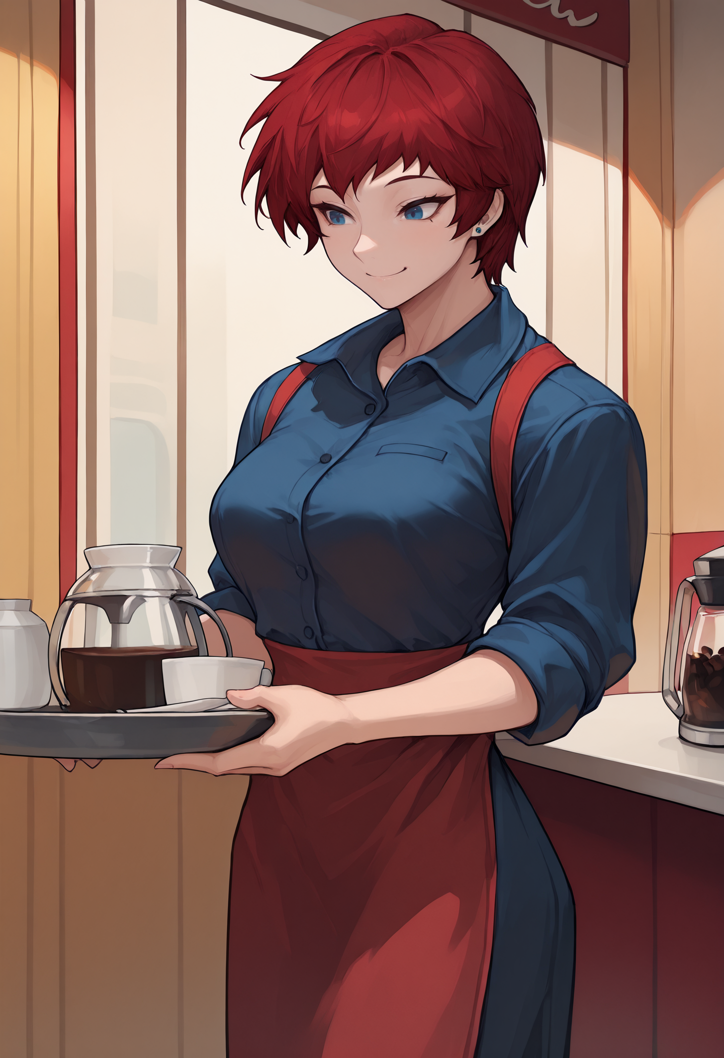 masterpiece, best quality,mmixmorg, <lora:MorgyMixStyle-illustXL_V1-Manityro-CAME:1>,
 1girl, solo, akmktb, tomboy, short hair, red hair, blue eyes, stud earrings, jewelry, indoors, diner, holding, coffee pot, waitress, tray, serving, standing, smile, <lora:akwmk_idxl_EliPot:1>