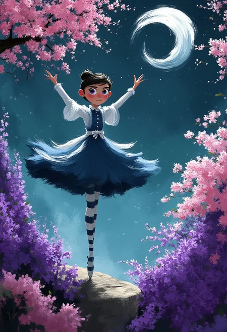 A whimsical illustration of a one-legged ballerina with an impossibly thin stretched body in dark whimsical art style, gracefully balanced on a single striped stocking-covered leg amidst swirling pink cherry blossoms and purple wisteria, her flowing dress billowing around her, digital painting with delicate brushstrokes showing fabric textures, starlit sky background, characteristic Tim Burton inspired design with massive, expressive violet eyes reflecting perfect serenity in her impossible balance.