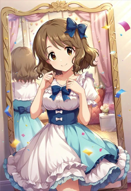 score_9, score_8_up, score_7_up, source_anime,tsukimiya miyabi, brown hair, brown eyes, short hair, 1girl, solo, smile, dress, bow, mirror, confetti, frills, hair bow, looking at viewer