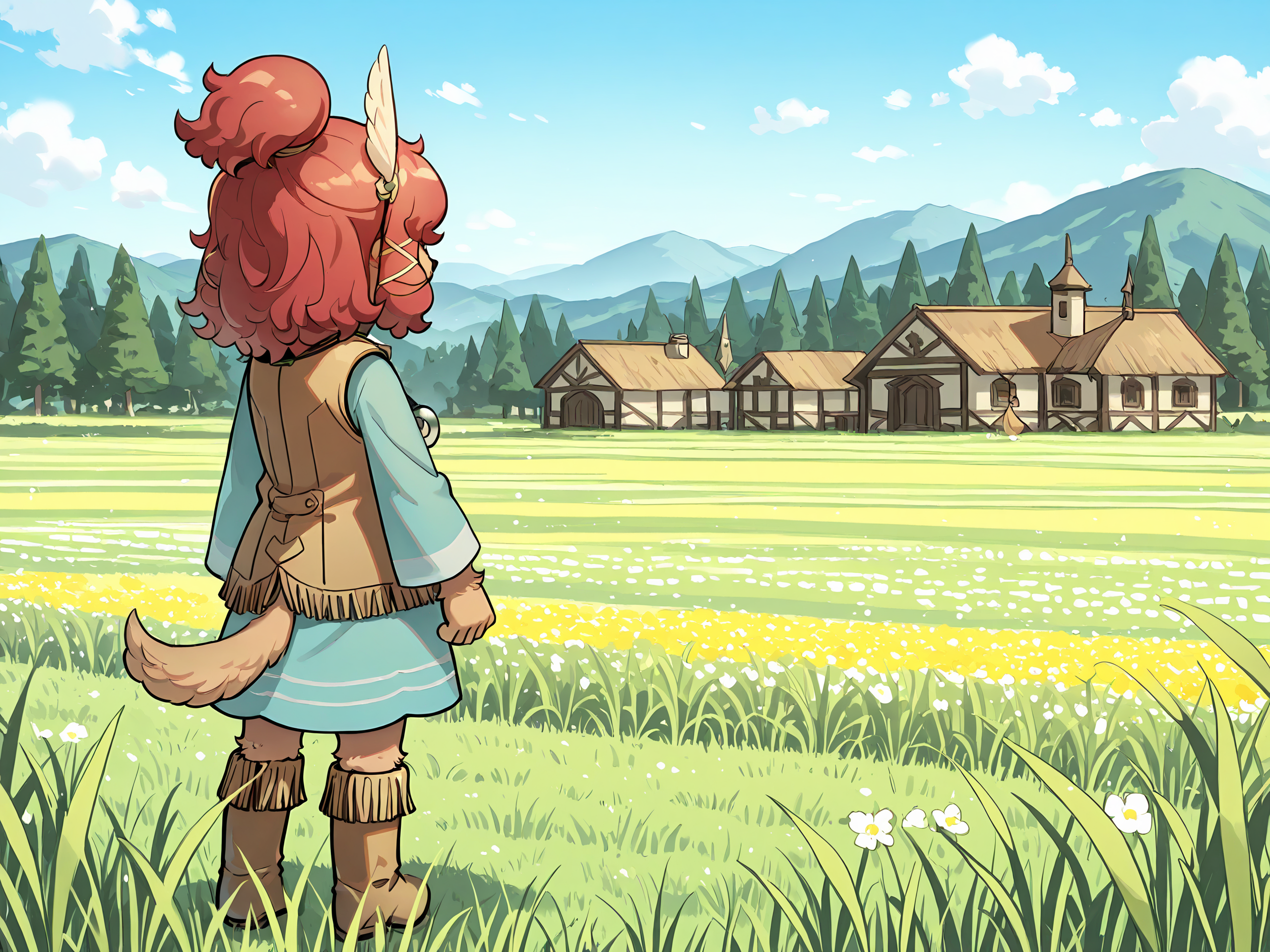 BREAK, <lora:Wappa_Charlotte:1>, Wappa Charlotte, Fuga: Melodies of Steel, kemono, furry female, young female, 1girl, dog girl, tan fur, (hair over eyes), red hair, bangs, dog tail, Fuga 2 appearance, ponytail, brown hairbands,
BREAK, Fuga 2 Outfit, tan trimmed boots, turquoise tunic, tan vest, circular pendant, leather cord, feather in hair,
BREAK, solo, full body, outside, rear view, meadow, grass, trees, village, standing
