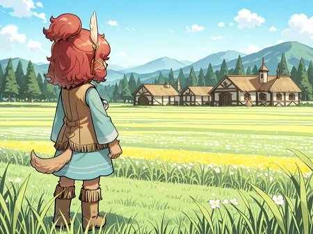 BREAK, <lora:Wappa_Charlotte:1>, Wappa Charlotte, Fuga: Melodies of Steel, kemono, furry female, young female, 1girl, dog girl, tan fur, (hair over eyes), red hair, bangs, dog tail, Fuga 2 appearance, ponytail, brown hairbands,
BREAK, Fuga 2 Outfit, tan trimmed boots, turquoise tunic, tan vest, circular pendant, leather cord, feather in hair,
BREAK, solo, full body, outside, rear view, meadow, grass, trees, village, standing