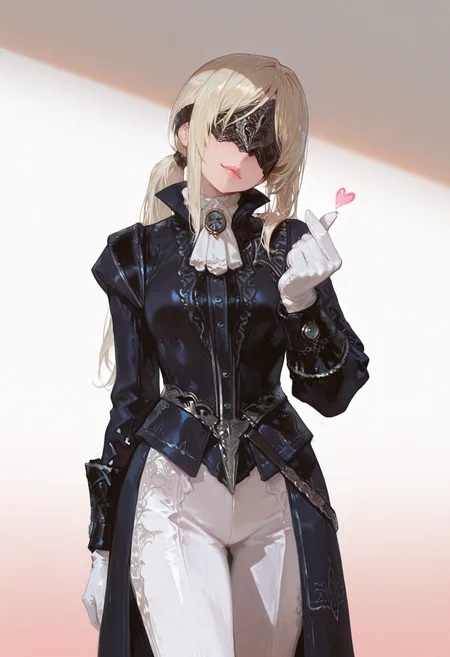 masterpiece, best quality, good quality, newest, highres, absurdres, volumetric lighting,gradient color,
BREAK
raytracing, volumetric lighting, ambient occlusion, girl, background, masterpiece, best quality, very awa, absurdres,
BREAK
DuchessER, ponytail, blonde hair, covered eyes, solo, model style,
BREAK
masterpiece,amazing quality,best quality,ultra-detailed,8K,illustration,CG,shiny hair,clear skin,ultra-detailed-eyes, background,cute girl,
BREAK,
white pants, Victorian outfit, gloves, cherry blossom, Sexy lips, finger heart, gradient background, head tilt, heart, 
<lora:DetailedEyes_V3:1> <lora:USNR STYLE_XL_loha:0.45> <lora:GBF_Illustrious:0.4> <lora:NOOB_vp1_detailer_by_volnovik_v1:0.3> <lora:MGE_V5.2_IL:0.6> <lora:ponyv6_noobE11_2_adamW:0.5> <lora:noobai_vpred_1_masterpieces_v1:1> <lora:748cmXLillokrV5311P:0.6> <lora:iLLDuchessER:1>