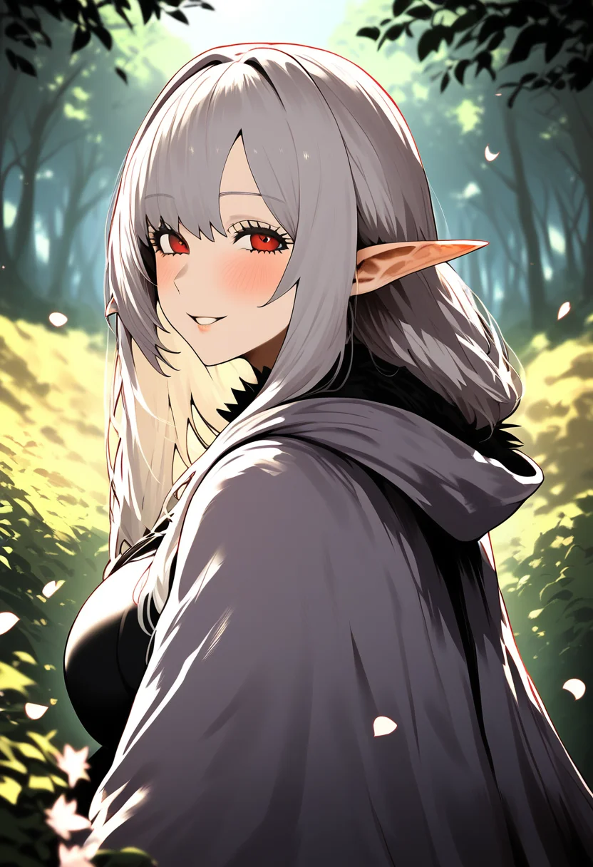 score_9, score_8_up, score_7_up, score_6_up, source_anime, <lora:STS 0.1v:1>, 
 1girl, pointy ears, solo, red eyes, smile, elf, looking at viewer, white hair, petals, long hair, upper body, outdoors, cloak, forest, hood, blush, nature, hooded cloak, cape, shirt, hood down, parted lips, looking back, day, bangs, large breasts,, blurry background,