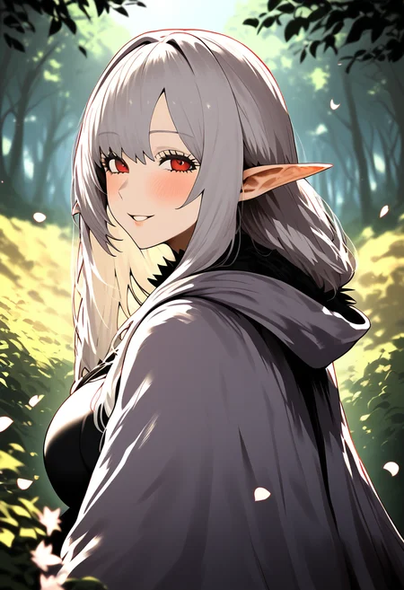 score_9, score_8_up, score_7_up, score_6_up, source_anime, <lora:STS 0.1v:1>,
1girl, pointy ears, solo, red eyes, smile, elf, looking at viewer, white hair, petals, long hair, upper body, outdoors, cloak, forest, hood, blush, nature, hooded cloak, cape, shirt, hood down, parted lips, looking back, day, bangs, large breasts,, blurry background,