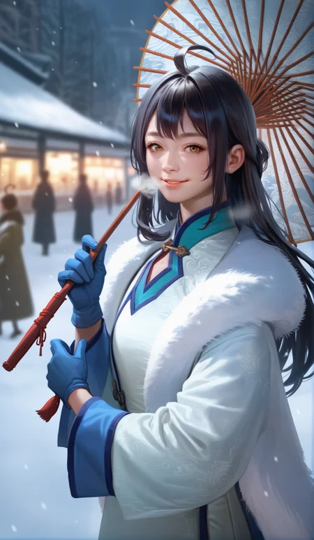 score_9,score_8_up,score_7_up,
<lora:xinxianying:0.9>,xinxianying,
highres,photorealism,bloom,
1girl,solo,long black hair,bangs,ahoge,
yellow eyes,looking at viewer,parted lips,smile,steam,
white and cyan gown,fur cape,blue gloves,
upper body,holding blue oil-paper umbrella,
blurry background,outdoors,winter,snowfield,sun,light particles,warm,snowing,street,halo,