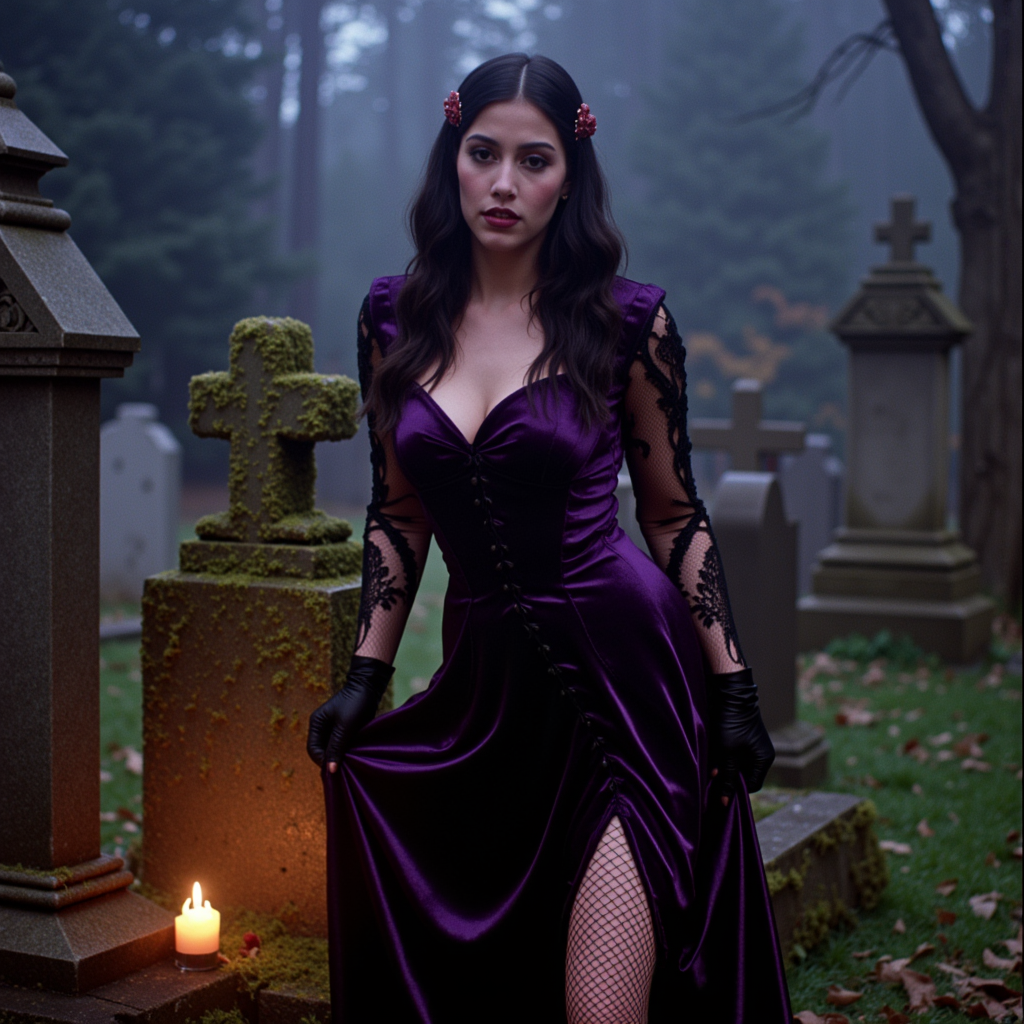 analog film photo shot on 35mm analog film, 3/4 body portrait of a gothic girl standing among moss-covered gravestones at dusk, pale glowing skin with soft natural makeup and muted plum lips, long sleek jet-black hair styled with elegant waves and vintage barrettes, wearing a deep violet velvet corset dress with lace sleeves and fishnet tights, black lace gloves, and platform boots, posing with one hand touching a gravestone and the other lightly lifting her skirt, fog drifting at her feet, golden candlelight illuminating her from below, eerie atmosphere with cinematic chiaroscuro lighting, soft focus lens, shallow depth of field, film grain and light leaks, vintage horror fashion aesthetic, ethereal and erotic, elegant not grotesque, gothic romantic beauty, haunting but beautiful
  <lora:final-girlsv2.1:0.9> fgsv3 . faded film, desaturated, 35mm photo, grainy, vignette, vintage, Kodachrome, Lomography, stained, highly detailed, found footage, RAW candid cinema, 16mm, color graded portra 400 film, remarkable color, ultra realistic, textured skin, remarkable detailed pupils, realistic dull skin noise, visible skin detail, skin fuzz, dry skin, shot with cinematic camera