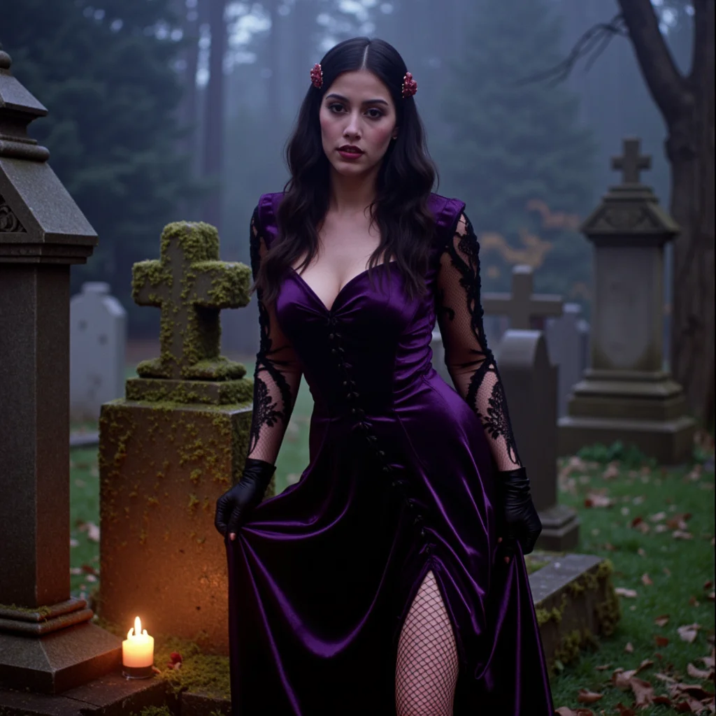 analog film photo shot on 35mm analog film, 3/4 body portrait of a gothic girl standing among moss-covered gravestones at dusk, pale glowing skin with soft natural makeup and muted plum lips, long sleek jet-black hair styled with elegant waves and vintage barrettes, wearing a deep violet velvet corset dress with lace sleeves and fishnet tights, black lace gloves, and platform boots, posing with one hand touching a gravestone and the other lightly lifting her skirt, fog drifting at her feet, golden candlelight illuminating her from below, eerie atmosphere with cinematic chiaroscuro lighting, soft focus lens, shallow depth of field, film grain and light leaks, vintage horror fashion aesthetic, ethereal and erotic, elegant not grotesque, gothic romantic beauty, haunting but beautiful
<lora:final-girlsv2.1:0.9> fgsv3 . faded film, desaturated, 35mm photo, grainy, vignette, vintage, Kodachrome, Lomography, stained, highly detailed, found footage, RAW candid cinema, 16mm, color graded portra 400 film, remarkable color, ultra realistic, textured skin, remarkable detailed pupils, realistic dull skin noise, visible skin detail, skin fuzz, dry skin, shot with cinematic camera