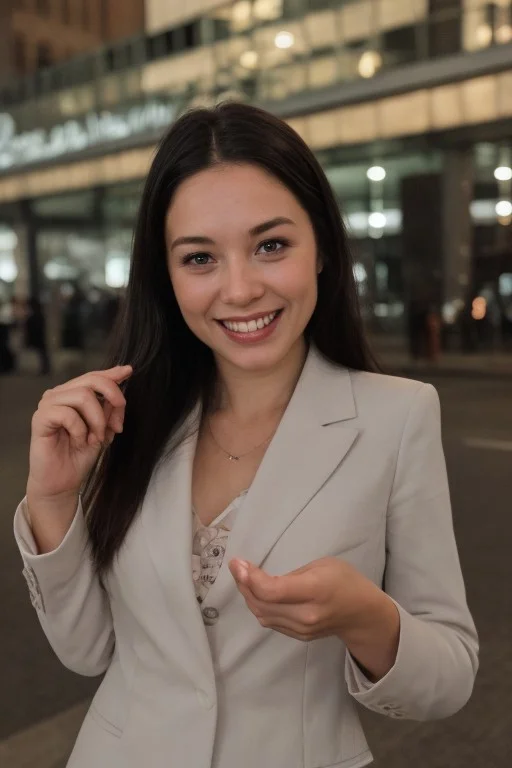 30yo American woman wearing bussiness suit holding a cigarrete
Dark black smooth long hair ponytail. smiling.
Looking at camera.
Dynamic varying pose.
Outside bussiness. Night time,
Night time, dark.
