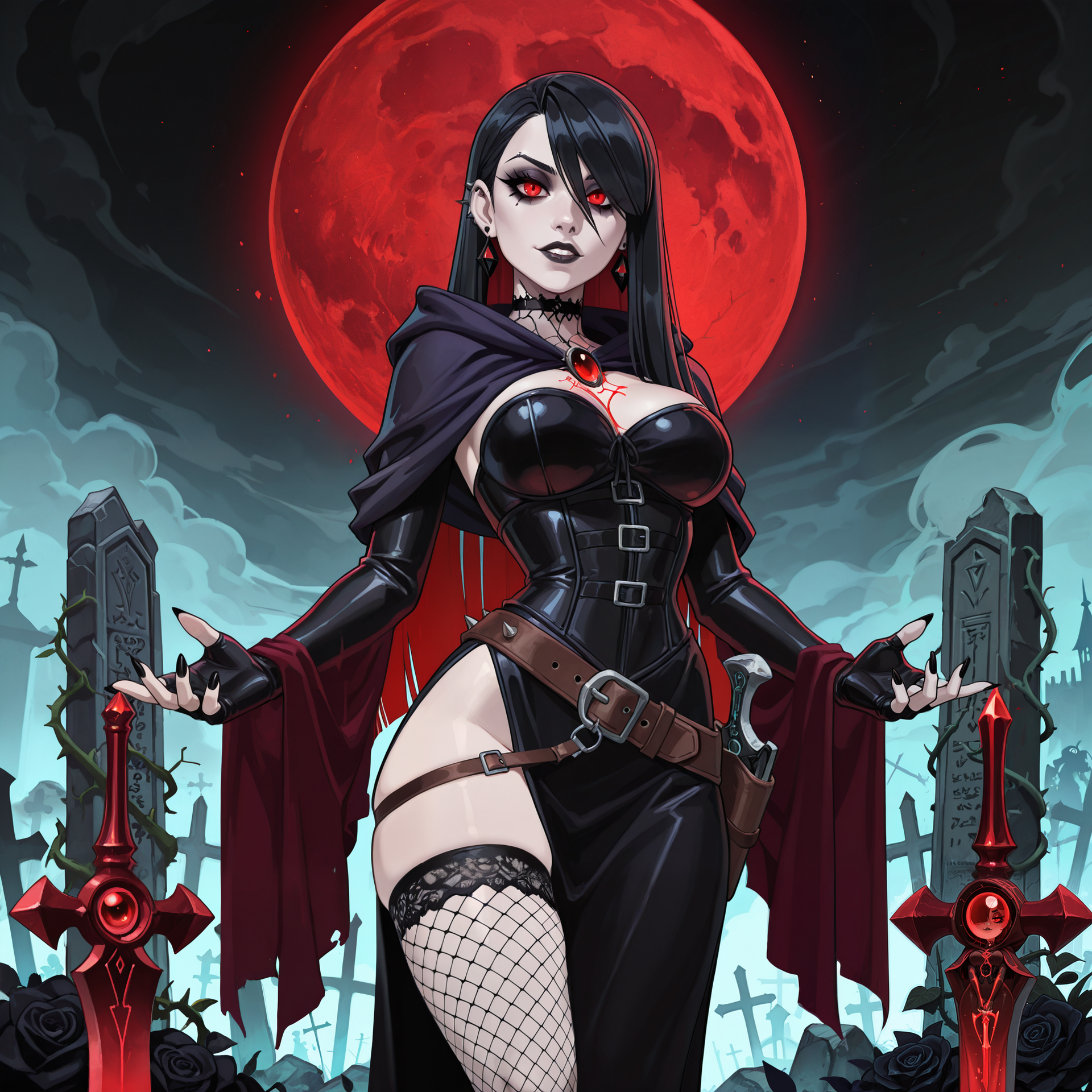2d, very awa, absurdres,

masterpiece, best quality, highres,

eye contact:1.15, facing viewer:1.25, pinup pose, sexy pose,

BREAK

perfect character, perfect hands, perfect fingers, detailed character, detailed face, detailed eyes, detailed eyelashes, detailed lips,
 
1girl, solo, female spellcaster, pale-skinned goth mage, caucasian, jet-black hair, ((voluminous side-swept bangs)), ((long straight hair with layered choppy ends and strands falling over eyes)), piercing crimson eyes, heavy eyeliner, sharp features, porcelain skin, gothic beauty,

slender hourglass figure, small bust, tight waist, full hips, sleek silhouette, confident pose, ominous magical aura around hands, black lace skindentation,

BREAK

obsidian black and crimson-accented corset gown with torn lace edges, high slit on one side, fishnet stockings with dark runes, raven-feathered shawl draped over shoulders, dark leather belt with glowing blood-red crystal, sheer tattered veil flowing in wind, clawed fingerless gloves etched with cursed glyphs, spiked ritual dagger holstered on thigh,

BREAK

detailed background, detailed scenery, moonlit gothic graveyard with crumbling mausoleums, black roses and thorny vines, pale fog creeping through cracked tombstones, glowing sigils hovering in air, crimson moon casting eerie glow on stone,